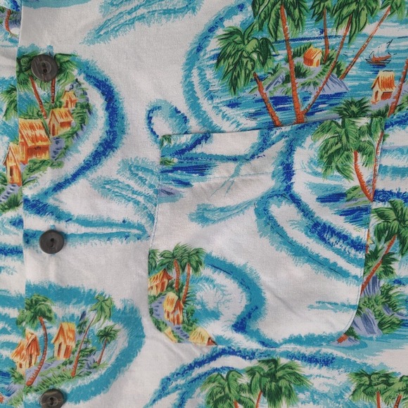 Vintage Ocean Current‎ Hawaiian Shirt Mens Large White Blue Button Short Sleeve - Picture 4 of 14